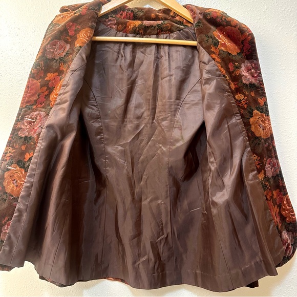 Vintage 70s Dark Rose Floral Burgundy Brown Velvet Tapestry Fitted Blazer Jacket - Picture 7 of 8